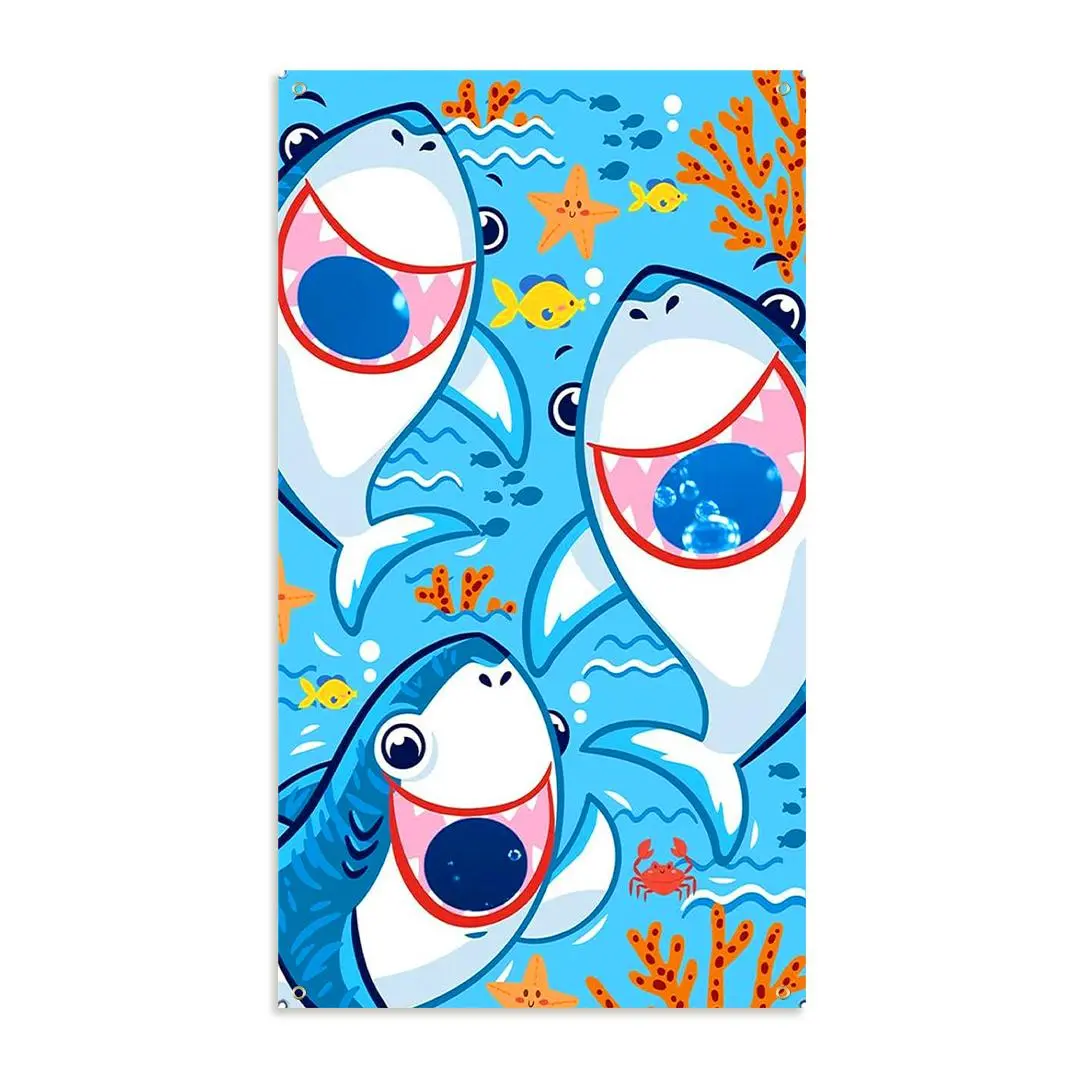 Shark Pattern Birthday Party Backdrop, 1 Count Cartoon Pattern Party Banner with 3 Bean Bags, Party Decoration Supplies for Indoor & Outdoor, Ornaments