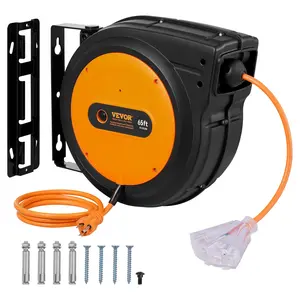 VEVOR Retractable Extension Cord Reel, 65 FT, Heavy Duty 12AWG/3C SJTOW Retractable Power Cord with Lighted Triple Tap Outlet, 15 Amp Circuit Breaker 180 °   Swivel Bracket for Ceiling or Wall Mount