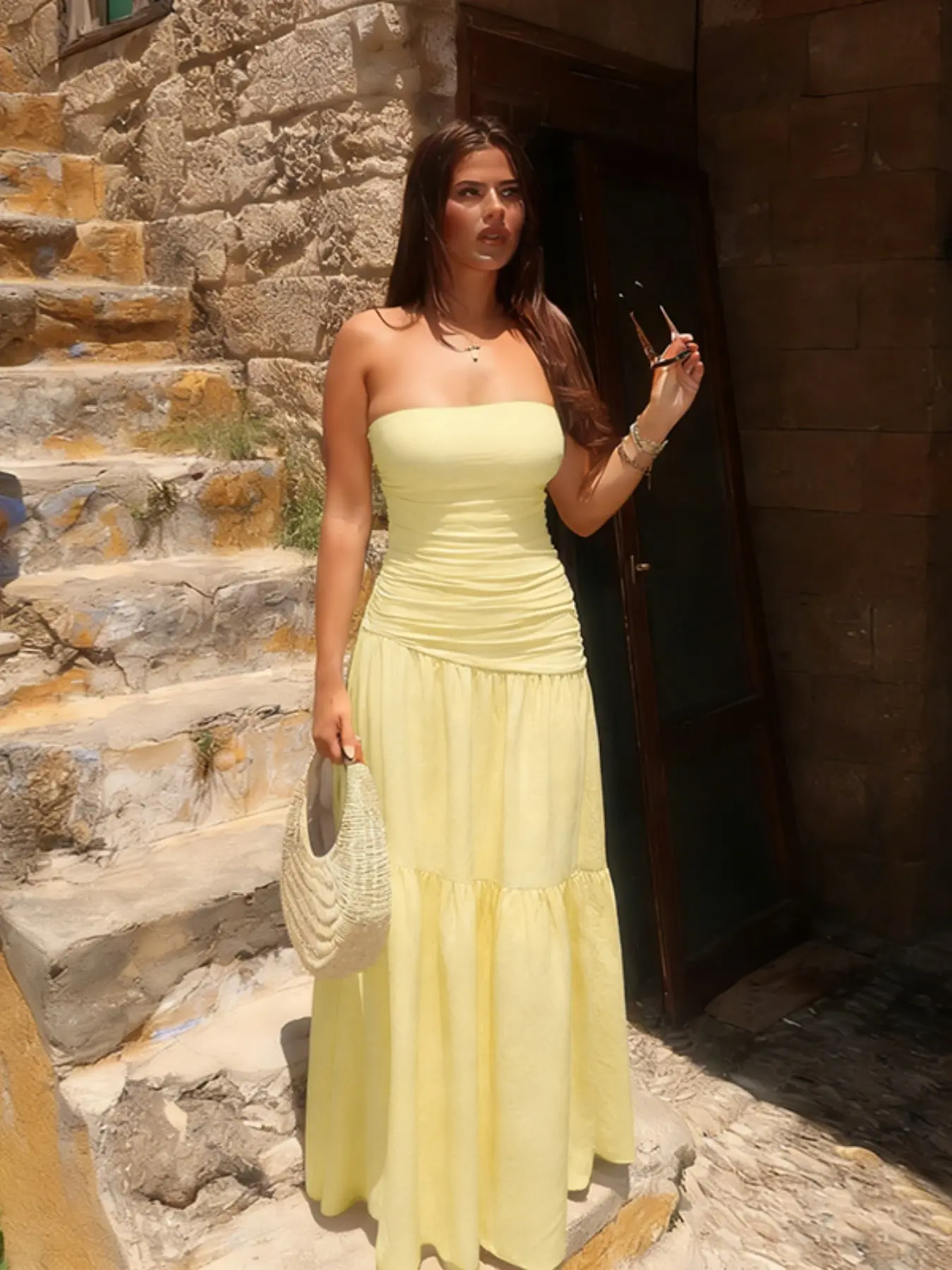Elegant A-Line Ruched Long Dress, Sleeveless Halter Neck Design, Perfect for Evening Wear, Evening Event Clothing, Formal Wear & Special Occasions, Dresses for Party