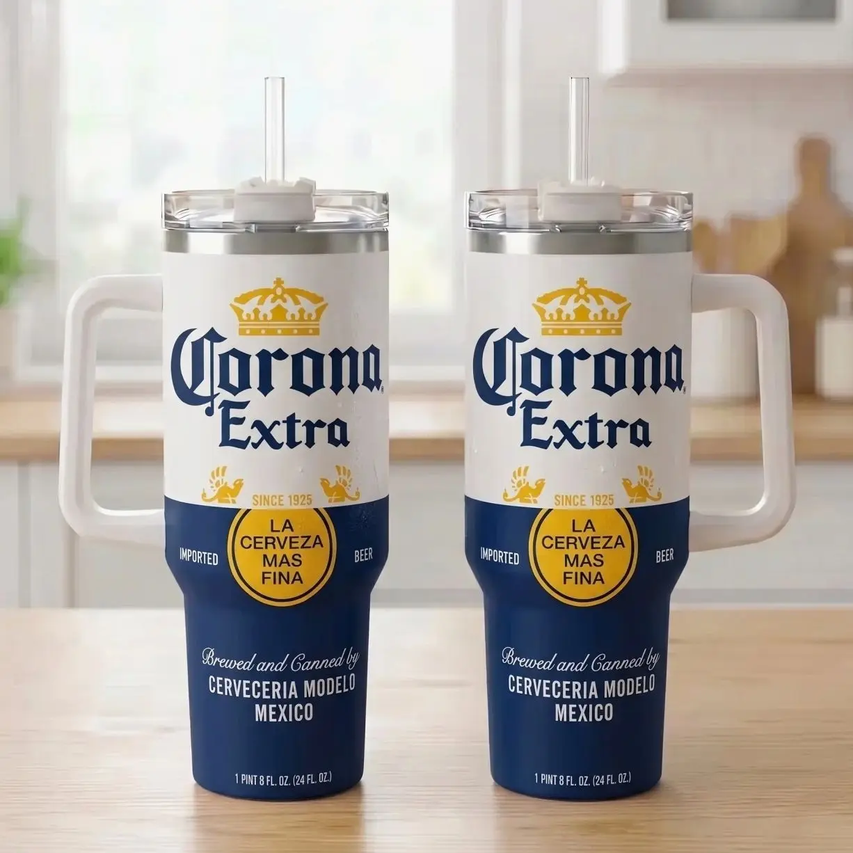 Corona Extra 40oz Insulated Tumbler With Handle & Straw, Corona Beer Inspired Stainless Steel Travel Mug, Vintage Mexican Lager Graphic Cup, Funny Beer Lover Gift, Reusable Vacuum Insulated Drinkware For Men & Women