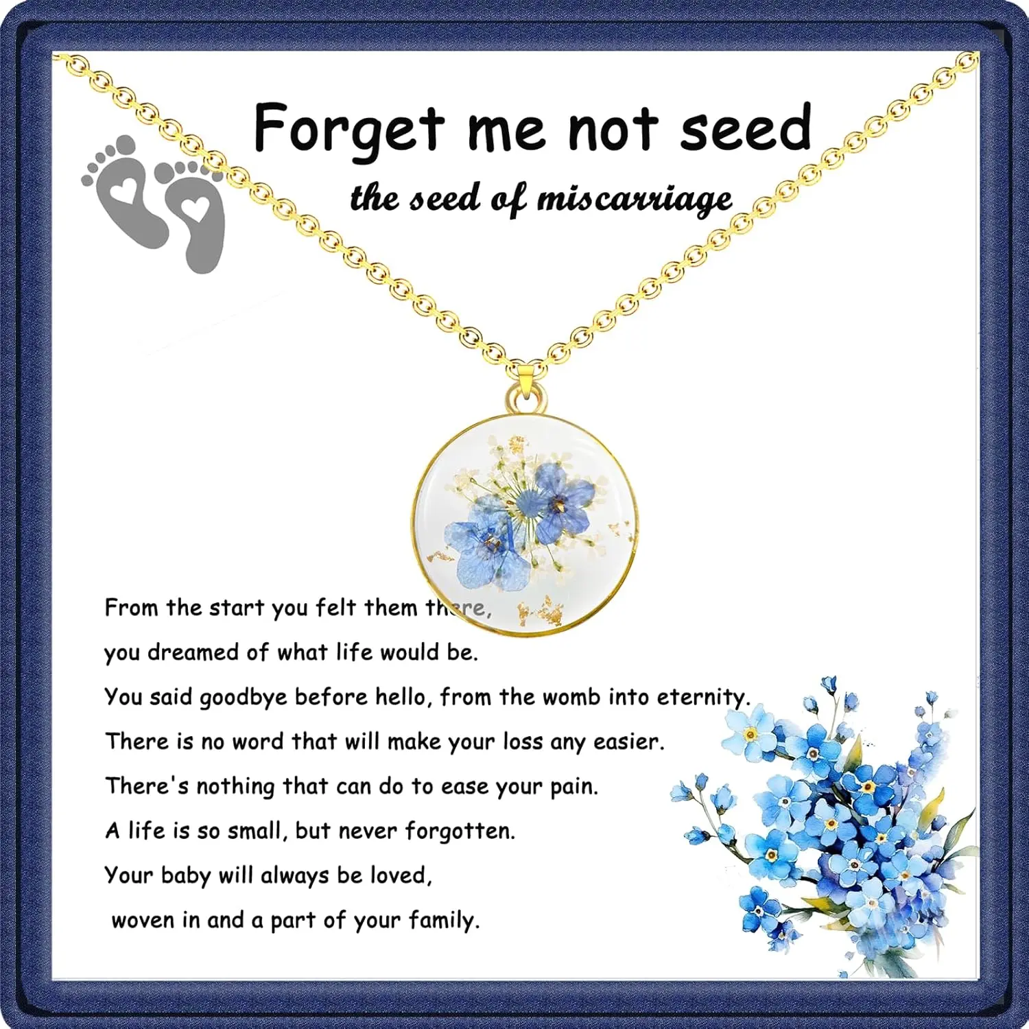 Miscarriage Gifts for Mothers, Forget Me Not Pressed Flowers Necklace, Baby Loss Grief Sympathy Gift for Women, Child Loss Memorial Gifts Jewelry