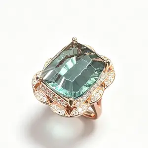 16×14mm Natural Fluorite Cushion Halo Ring 925 Sterling Silver Adjustable | Rose Gold Tone Statement Ring