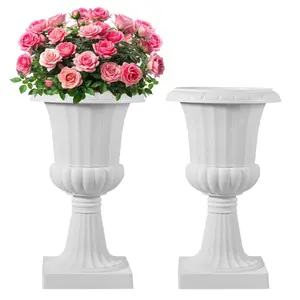 Plastic Urn Planters 15.8 X 26.4 Inch White Floral Pedestal Flower Pots For Indoor Outdoor Garden Decor, Durable Weather Resistant Resin Containers With Stable Base And Drainage Holes, Lightweight Yet Sturdy Vase-Style