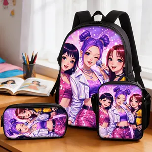3pcs Casual Backpack Set Three Young Ladies' Fashion Bags, Microphone Sequin Element Pattern Backpack Set, Trendy Fashion Pattern, Fashion Print Book Bag, Including Large Capacity Backpack, Handbag, Body Bag, Multifunctional Lightweight Travel Bag