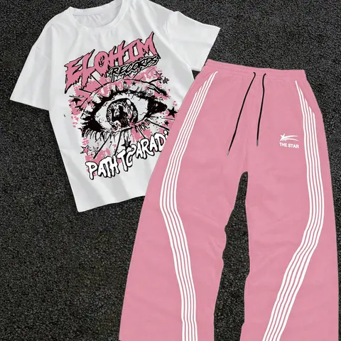 Men's Street Style Short Sleeve Striped Straight Leg Top & Pants Set, Letter & Eye Graphic Print, Casual Hip Hop Fashion Streetwear, Spring & Fall Wear, Outfit, Menswear, Complete Set