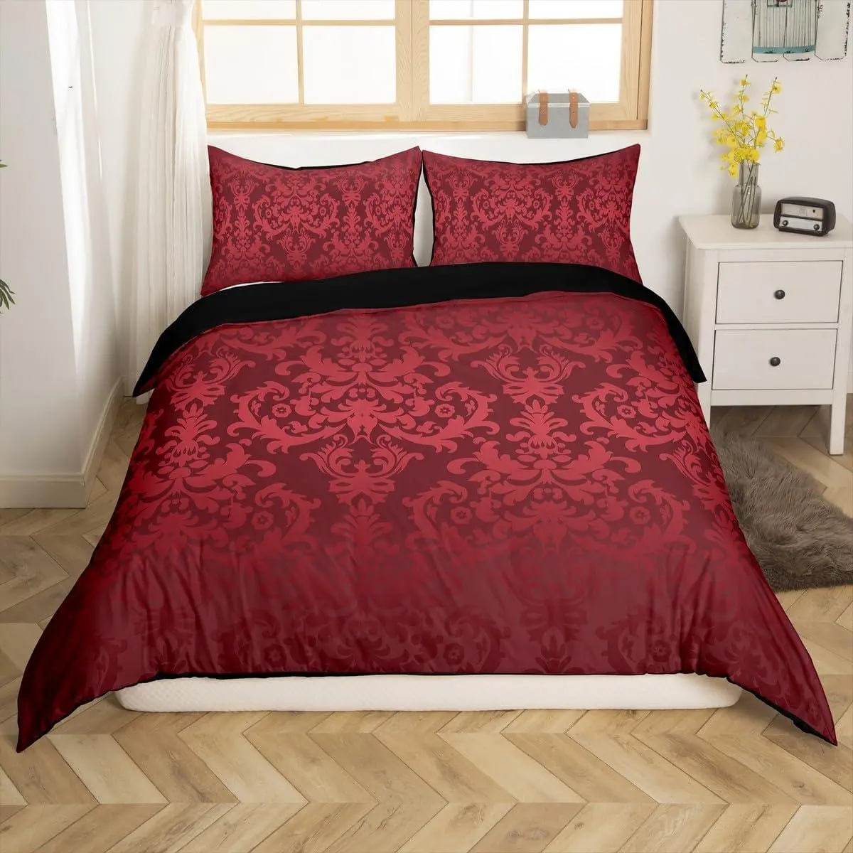 Burgundy Gothic Comforter Cover Vintage Paisley Damask Floral Bedding Sets Women,Antique Victorian Baroque Duvet Cover Bohemian Exotic Bed Set Hotel Luxury Room Decor Zipper