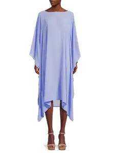 RENEE C. Semi Sheer Asymmetric Midi Dress in Light Blue - Flowy Design & Unique Cut-Out Style