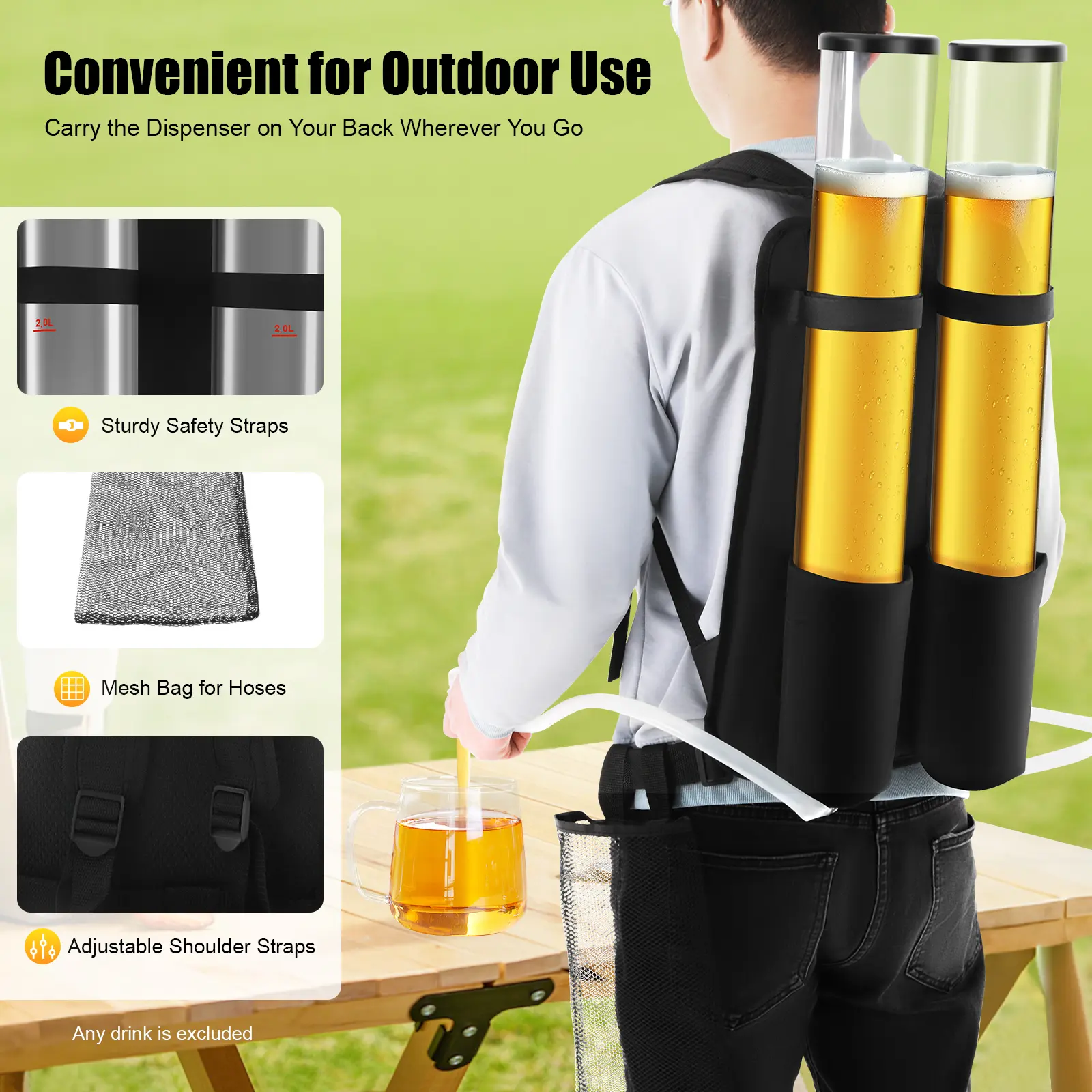 6 Liter Dual Container Beverage Dispenser with Backpack, easy to carry, suitable for home, party and outdoor use, beverages, juices, booze