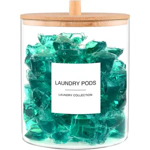 Glass Jars for Laundry Room Organization, Laundry Pods Container with 27 Labels, Detergent Holder with  Lid, Cute Storage Jars (Set of 1)