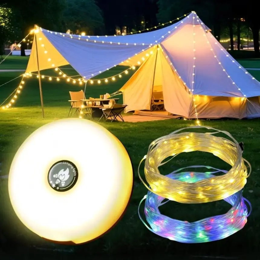 Multifunctional LED Camping Light with RGB String Lights, Magnetic Tent Light with Warm White Glow, Portable Outdoor Lantern for Camping, Hiking, Backpacking and Emergency Use