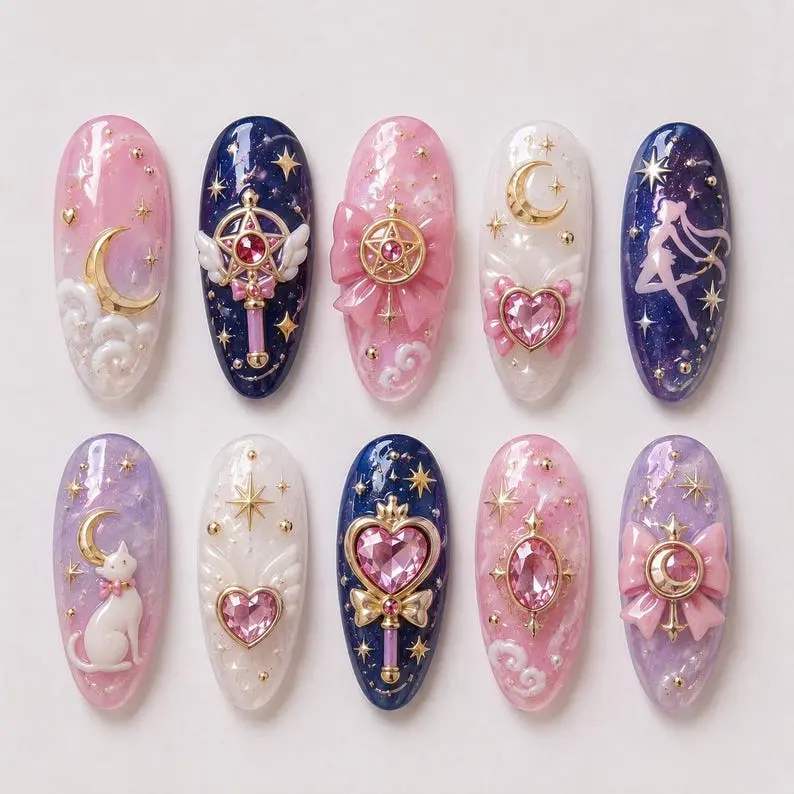 Magical Girl Press On Nails 3D Cat Eye Moon Star Galaxy Pink Purple Heart Charm
