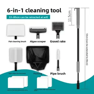 Five-in-One Cleaning Set for Fish Tanks - 6-in-1 Tools for Algae Removal, Glass Wiping, and Wall Cleaning - Extendable 53-80cm - Ideal for Aquarium Maintenance