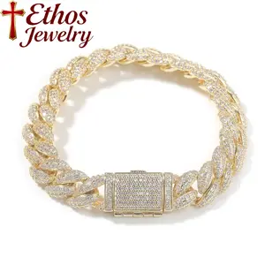 Ethos Hot-selling 12mm fully inlaid AAAAA cubic zirconia copper Cuban chain Hiphop street fashion men's bracelet