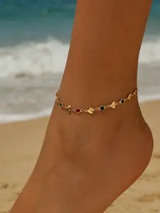 Summer Beach Style Foot Jewelry, Colorful Zircon Heart Chain Design Anklet, Casual Elegant Ankle Bracelet, Copper Material, Trendy Jewelry, All Seasons Accessory