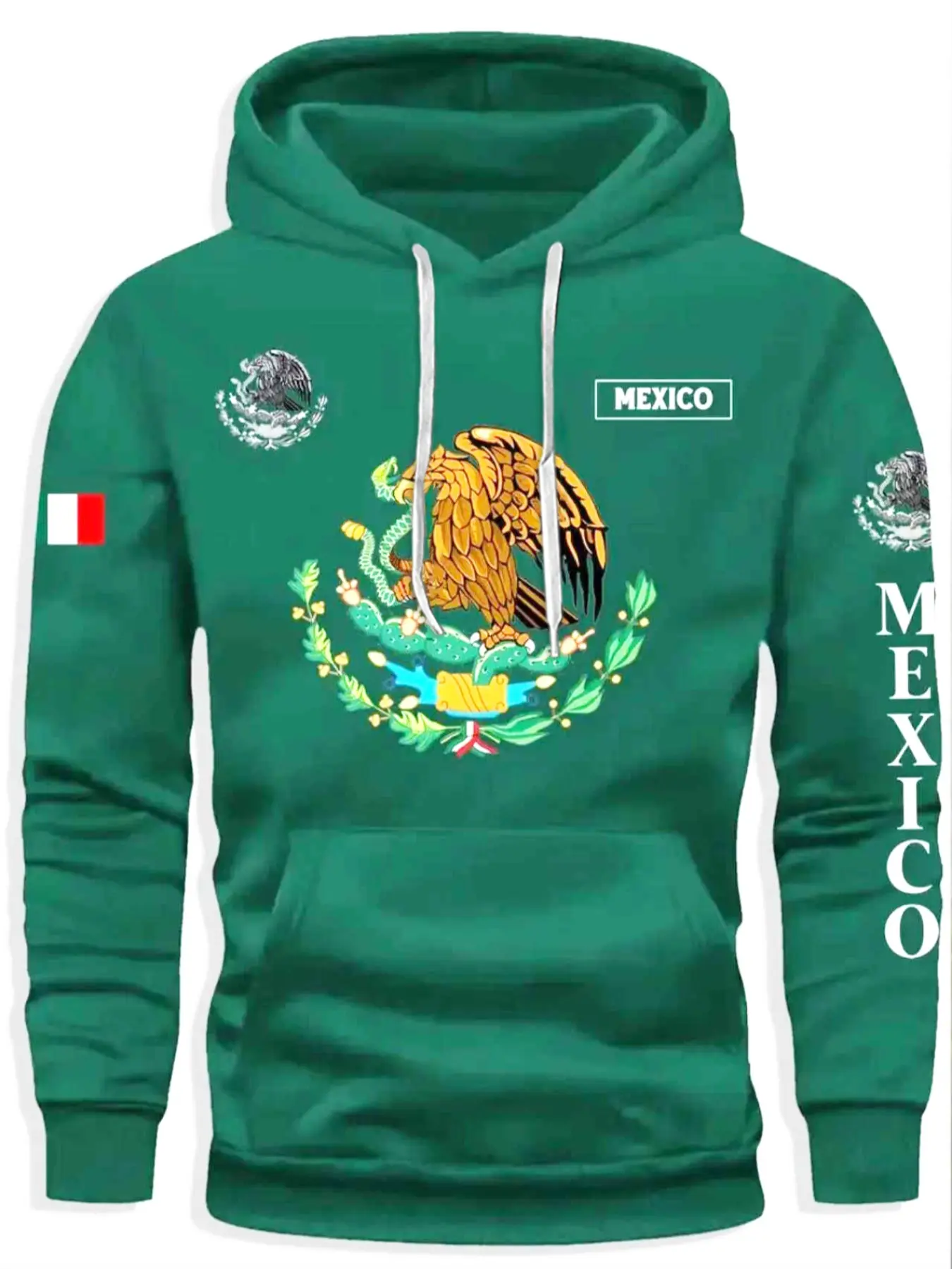 Men's Mexico Flag Print Hoodie, Soft Polyester Fabric, Casual Fitted Sweatshirt, Casual Hooded Sweatshirt, All Seasons, Comfortable Clothing, Graphic Print Hoodie, Casual Streetwear Hoodie
