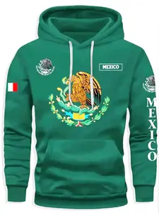 Men's Mexico Flag Print Hoodie, Soft Polyester Fabric, Casual Fitted Sweatshirt, All Seasons, Comfortable Clothing, Graphic Print Hoodie