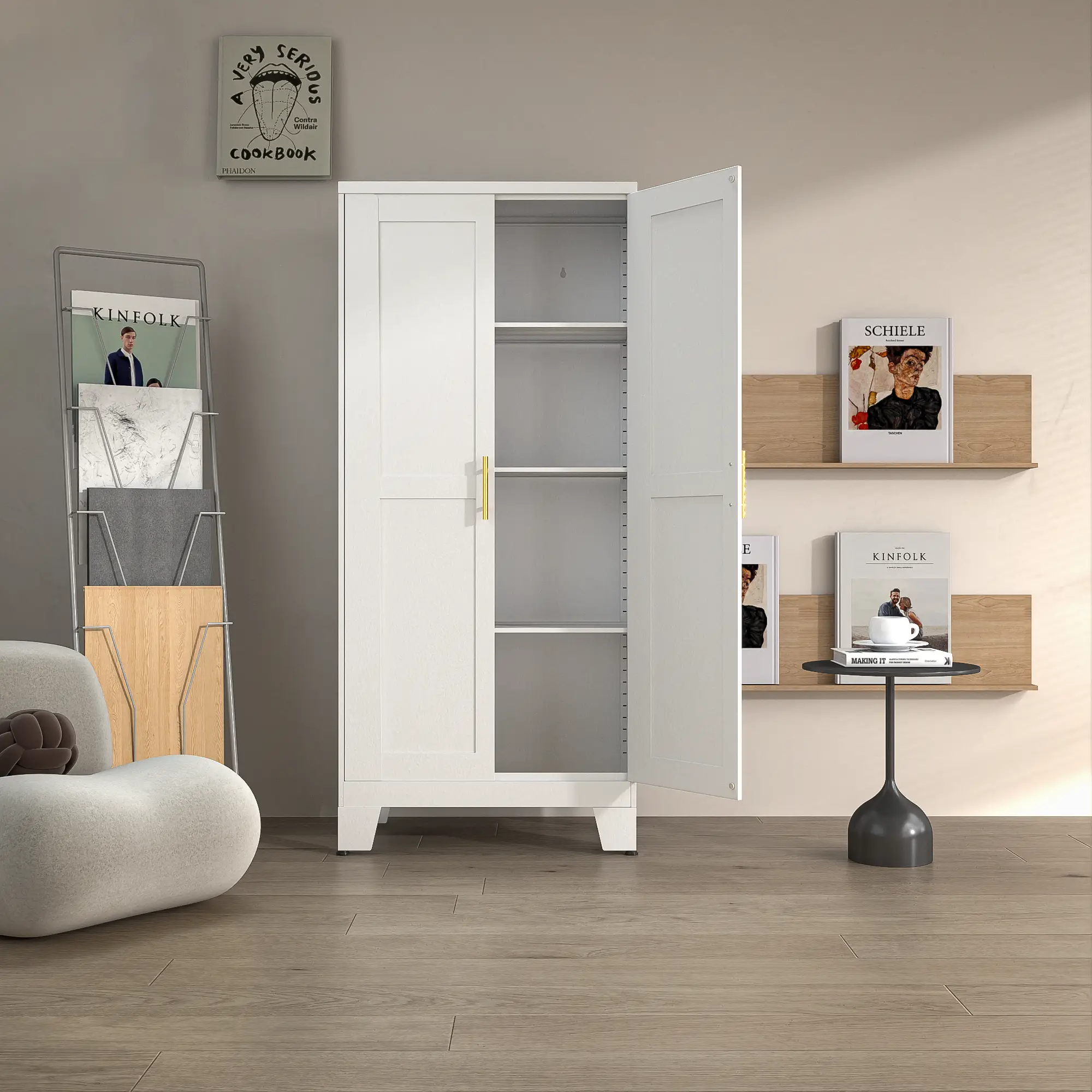 Metal Pantry Cabinet with 2 Doors and Adjustable Shelves - 61" Kitchen Storage Cabinet with Gold Handles - Versatile Storage for Kitchen, Bathroom, Di