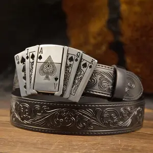 Men's Western Cowboy Genuine Leather Belt with Poker Card Buckle - Black, Embossed Detail