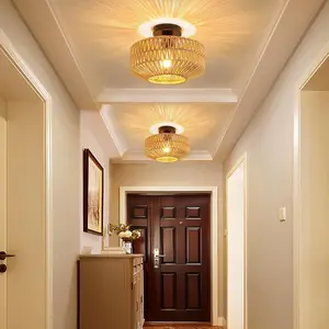 E27 American Country Industrial Style Hallway Living Room Dining Bedroom Study Vintage Woven Cage Bamboo Art Ceiling Light No Bulb Included