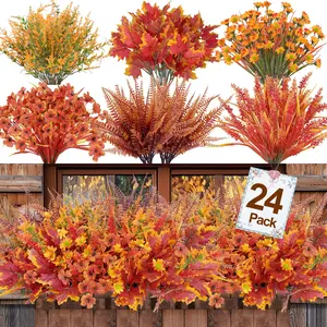 TURNMEON 24 Bundles 6 Styles Artificial Fall Flowers Plants for Outdoors Fall Decor, Fake Faux Flower Autumn UV Resistant Orange Mums Maple Leaves Wheat Boston Fern Lavender for Thanksgiving Outside Porch Home