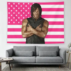 Daryl Dixon Pink American Flag Wall Flag, The Walking Dead Print, Mid-century Modern Black Flash Manga Style, Y2K Aesthetic, For Adult Fans, TV Show Decor, Man Cave Living Room Tapestry