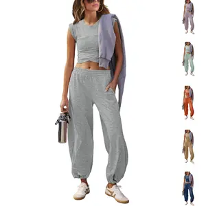 Tanming Womens 2 Piece Crossover Set Sweatsuits Sets Casual Workout Cropped Tee Top High Rise Sweatpants Athletic Tracksuits