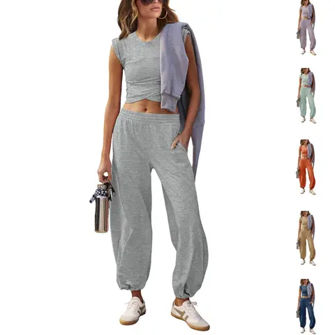 Tanming Womens Athletic Tracksuit Set - Sleeveless Crop Top with Scarf & High-Waisted Jogger Pants - Casual Two-Piece Loungewear Gym Sweatsuit - Spring Summer Fall Daily Workout Gym Outdoor Travel Outfit