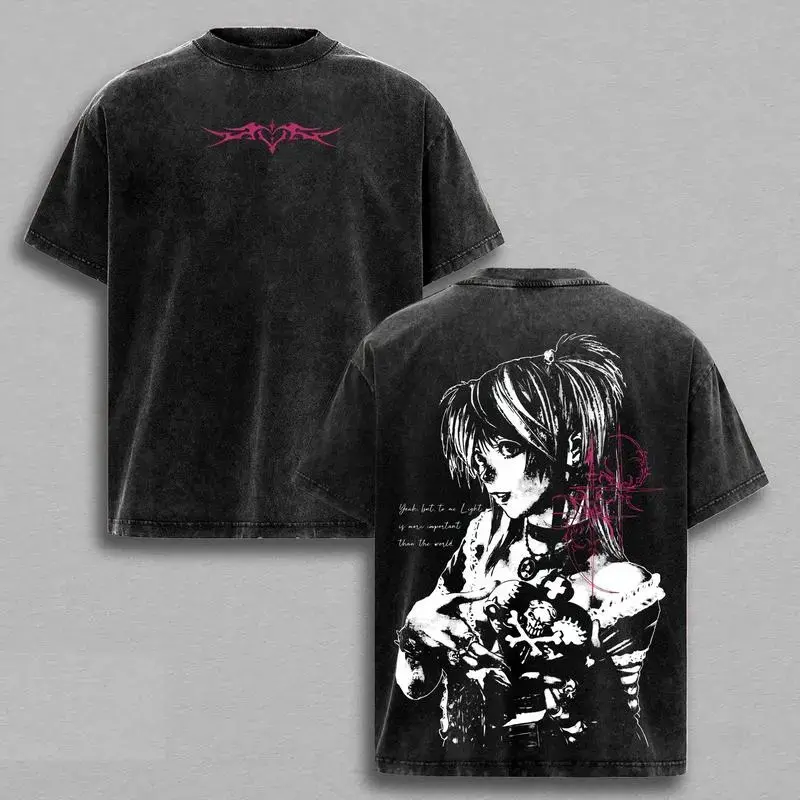 Men's Gothic Retro T-Shirt with Misa Amane Death Note Print, Baggy Oversized Fit, Heavyweight Washed Cotton Round Neck Top, Graphic, Anime Death Note, Vintage Washed, Rib