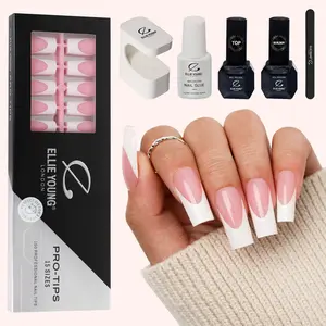 ELLIE YOUNG Pro-Tips Long Square White French Tips with Pink Base, 150pc Press-On Nails Kit – 15 Sizes, Matte Gel Acrylic Look, Soft Gel DIY Extensions