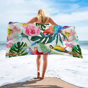 Microfiber Beach Towel for Adults - Sand Free Oversized Towel, Quick Dry & Super Absorbent Travel Towel, Tropical Macaw Parrot, Monstera Leaf & Hibiscus Floral Print Lightweight Large Bath Towel for Swimming, Pool, Gym, Yoga, Camping, Cruise Essentials