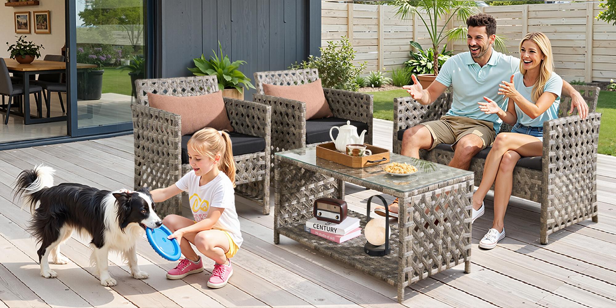 4-Piece Patio Conversation Sofa Set–Outdoor Sectional Wicker Furniture with Coffee Table, Perfect for Garden,Yard, Pool, High Backrest&Thicker Cushion, All-Weather Waterproof, Affordable Loveseat