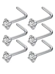 Rhinestone Decorated Nose Studs, 6pcs L Shaped Piercing Nose Rings, Stainless Steel Nose Studs, Body Piercing Jewelry for Women & Men