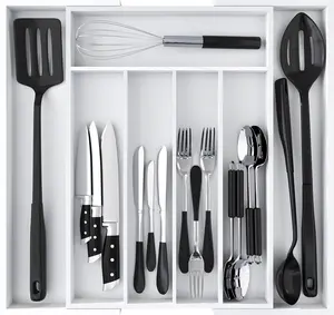 Kitchen Expandable Bamboo Utensil Drawer Organizer, Cabinet Adjustable Boxes Set , Insert Drawer Organizer, Kitchen Drawer Organizer for Cutlery