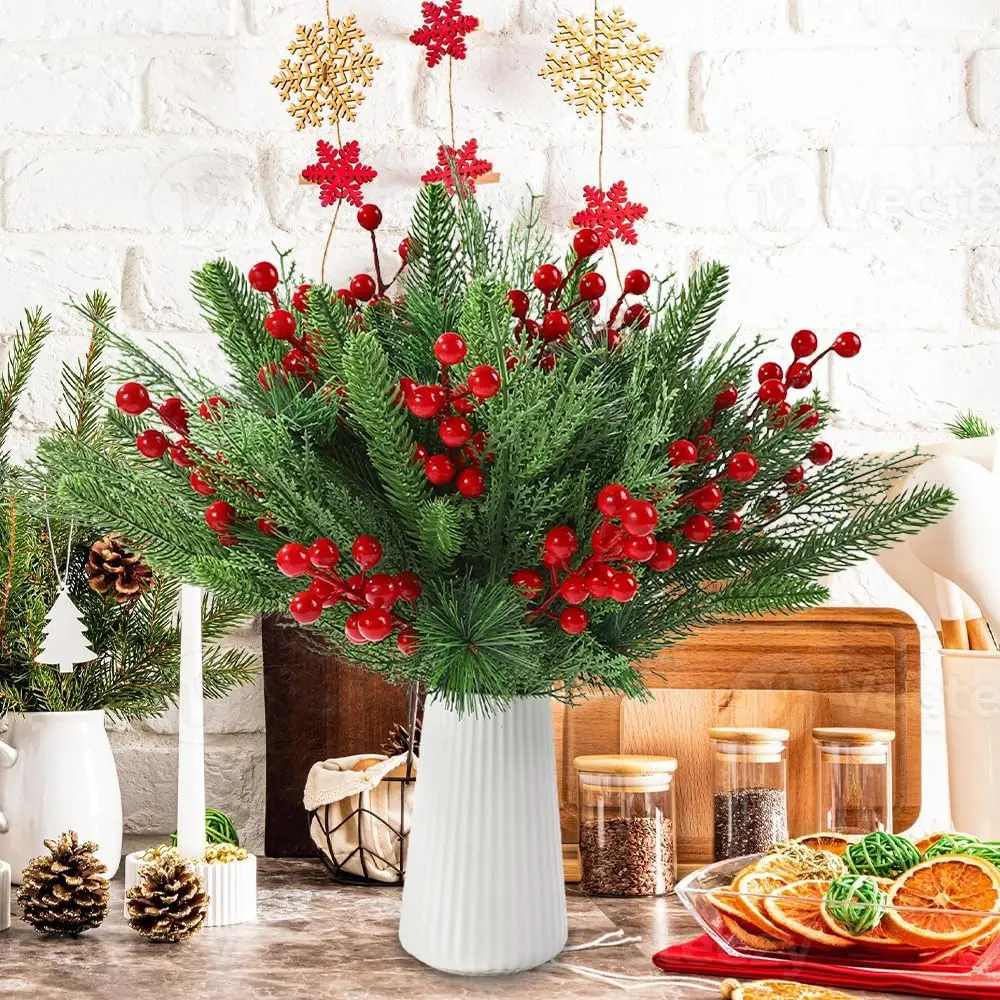 60 Pcs Artificial Pine Branches, Christmas Fake Greenery with Berries, Snowy Cedar Needles, Perfect for Holiday Home Decor