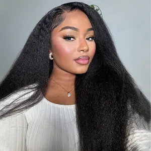 MYLOCKME Glueless Full 360 Kinky Straight Lace Front Wigs Wear To Go Human Hair Pre-cut Yaki Straight Wig HD Transparent Wigs Human Hair 180% Density For Black Women