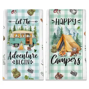 Camping Gifts for Women, Happy Camper Kitchen Towels, Funny Sayings Dish Towels Set of 2 for Camping Lovers, Farmhouse Camping Tent RV Hand Tea Towels for Housewarming Birthday Christmas, 18x26 Inches