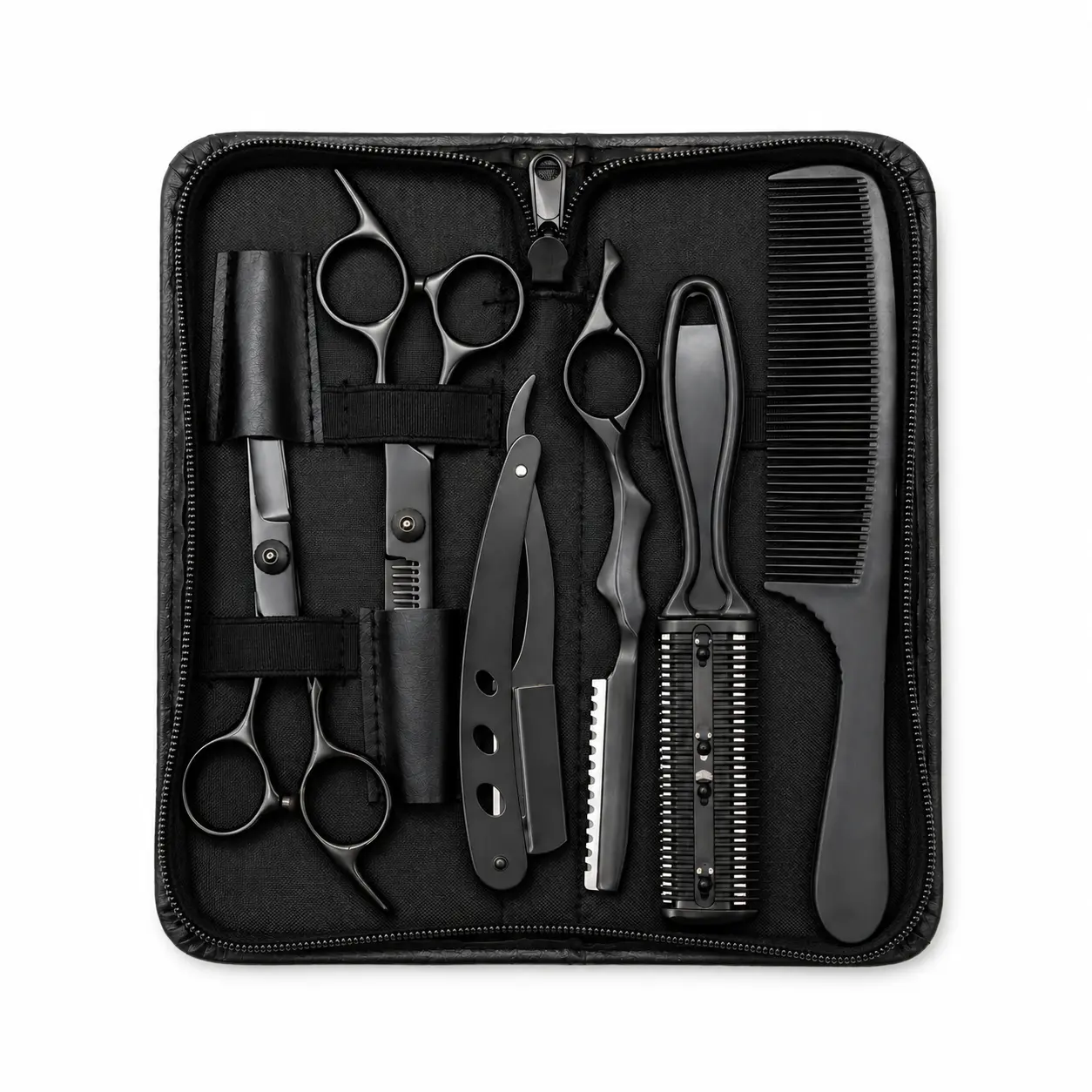 Hair Cutting Kit with Scissors and Thinning Shears, 6 Black Barber Tools with Straight Razor, 3 Combs and Zipper Case