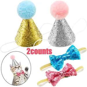 2 Pieces Cat Birthday Hat with Bowtie and Small Dog Headband Topper, Adjustable Cute Puppy Costume Accessories for Small and Medium Pets in Lake Blue and Style a