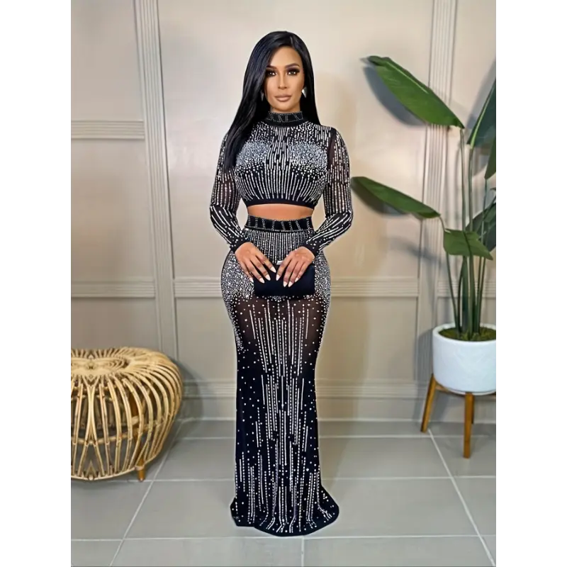 Glitz & Glam Rhinestone Two-Piece Set - Shimmering Crop Top & Flared Skirt - Womens Party Fashion