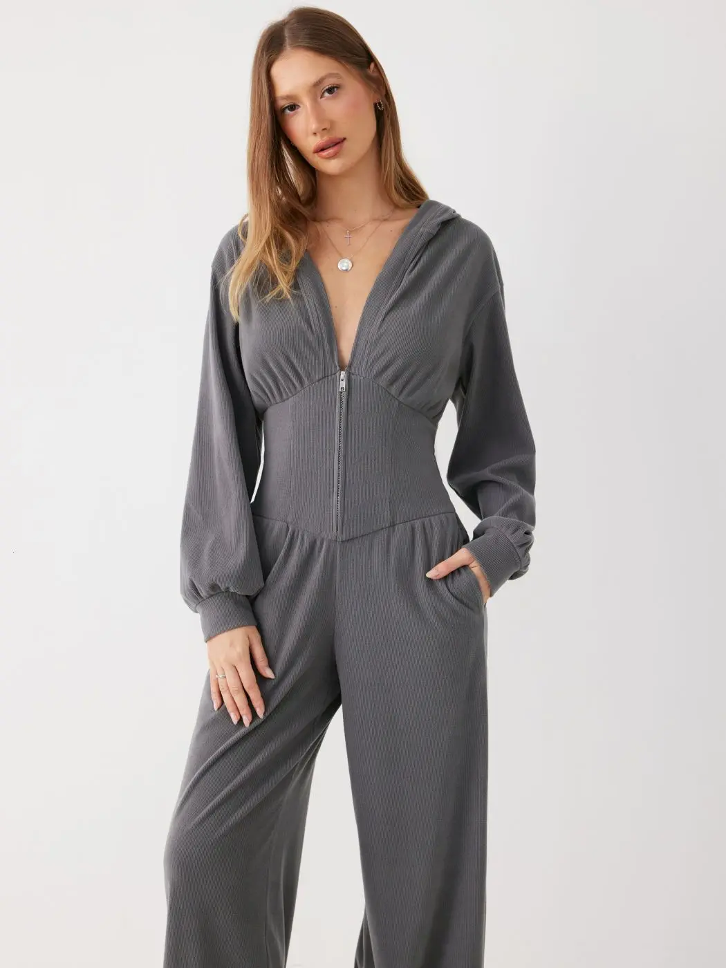 Cider Jersey Hooded Cinched Waist Zipper Jumpsuit