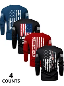 Men's Spring & Fall Long Sleeve Round Neck T-Shirt Set, American Classic Retro Vintage Patriotic Style, Casual Daily Wear, Cultural Symbol Clothing