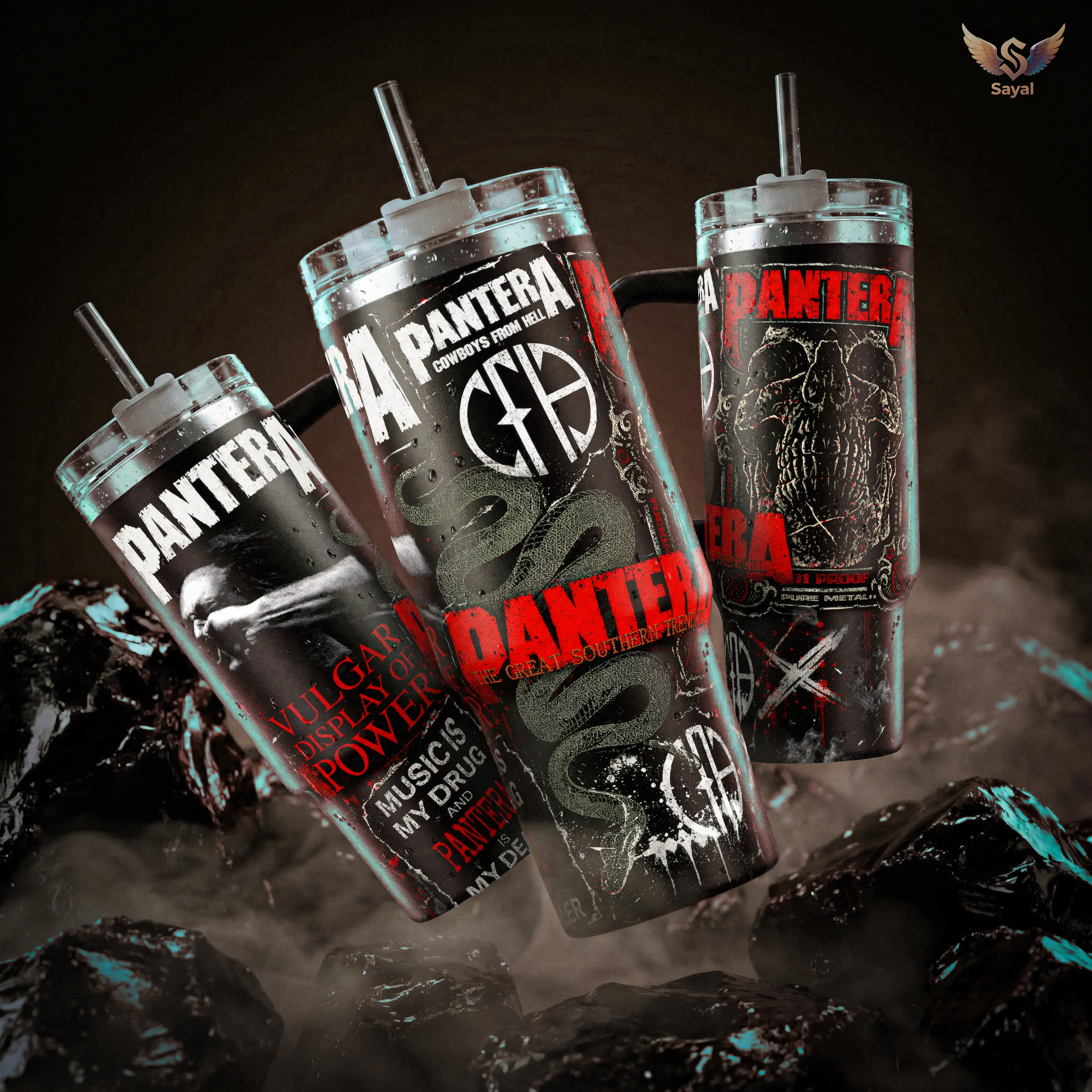 Pantera Vulgar Display Of Power 40 20 oz Insulated Tumbler Stainless Steel Handle Straw Keeps Drinks Hot Cold Cowboys From Hell Metal Merch For Music Fans Drinkware Bottles Water Bottles Leakproof Washable