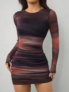 Women's Fashion Tie-Dye Print Pleated Tight Fit Bodycon Long Sleeve Mini Dress, Stylish Casual Wear, Perfect for Daily, Trendy and Comfortable