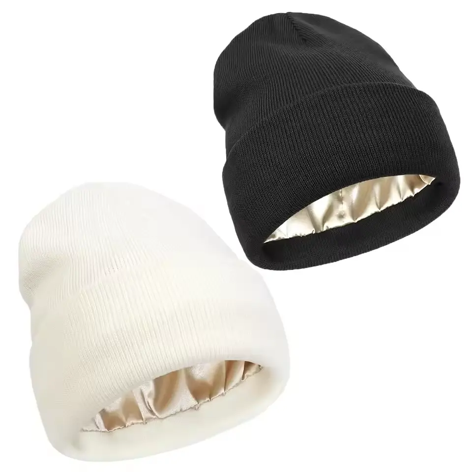 Unisex Plain Beanie Hat - 2-Layer, Anti-Static, Satin-Lined, Slouchy Warm Cuffed Skullies, Winter Hair Cover Sleep Cap for Women