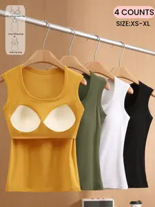 Women's Solid Square Neck Smooth Tank Top with Chest Pad, Ribbed Built in-bra,Casual Basic Sleeveless Wide Strap Top for Daily or Sleep Wear, Womenswear, Women's Underwear for All Seasons, Everyday Wear