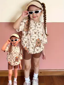 Cartoon Squirrel Print Short Sleeve Set, Girls' Casual Two-Piece, Fashionable and Cute Summer Clothing