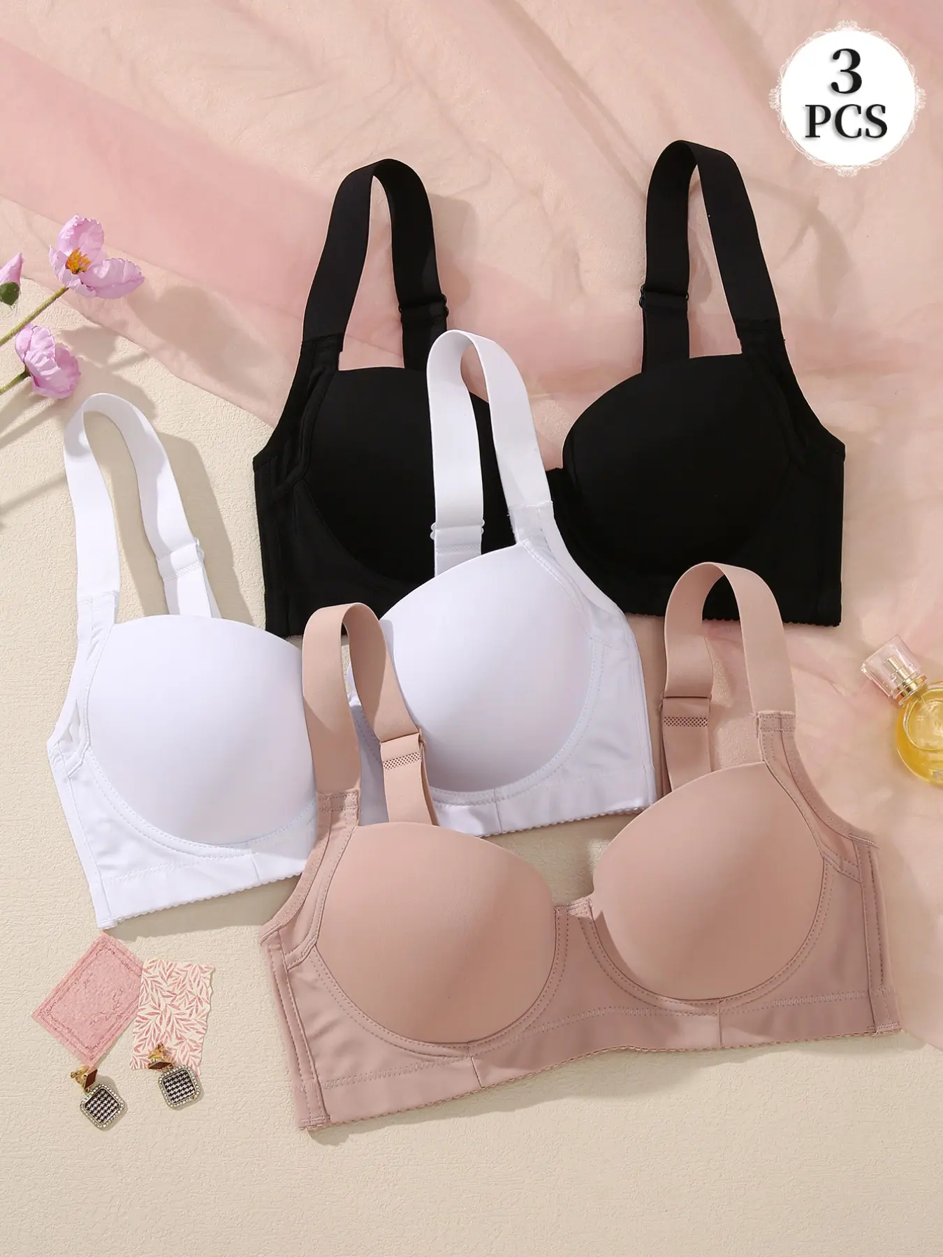 3PCS Women's push-up T-shirt bra, featuring inner lining Underwire and side bust Medium support design, adjustable wide straps, plain, Basic, Casual, Everyday and skin-friendly underwear, suitable for daily wear Padded Bras