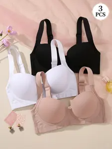 3PCS Women's push-up T-shirt bra, featuring inner lining Underwire and side bust support design, adjustable wide straps, plain, Casual and skin-friendly underwear, suitable for daily wear