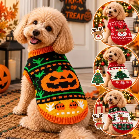 AUROTH Halloween Knitted Jumper for Small-Medium Dogs & Cats, Cozy Fabric Pet Clothing with Pumpkin & Ghost Pattern, Cute Look Puppy Sweater Fall Outfit