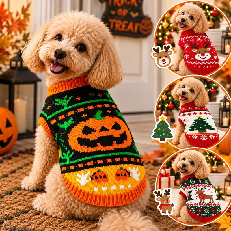 AUROTH Halloween Knitted Jumper for Small-Medium Dogs & Cats, Cozy Fabric Pet Clothing with Pumpkin & Ghost Pattern, Cute Look Puppy Sweater Fall Outfit